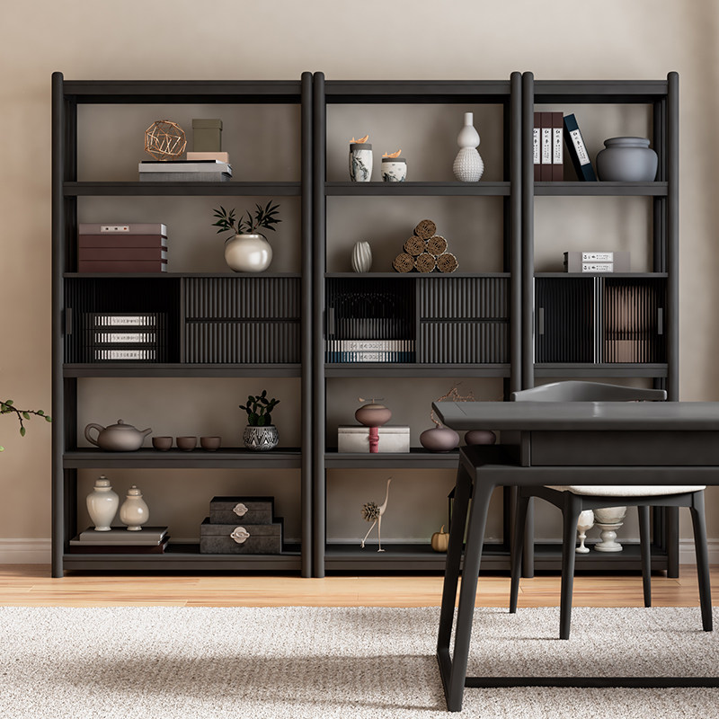 实木书架博古架新中式多宝阁客厅隔断置物架展示柜黑色侘寂风日式