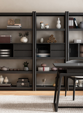实木书架博古架新中式多宝阁客厅隔断置物架展示柜黑色侘寂风日式