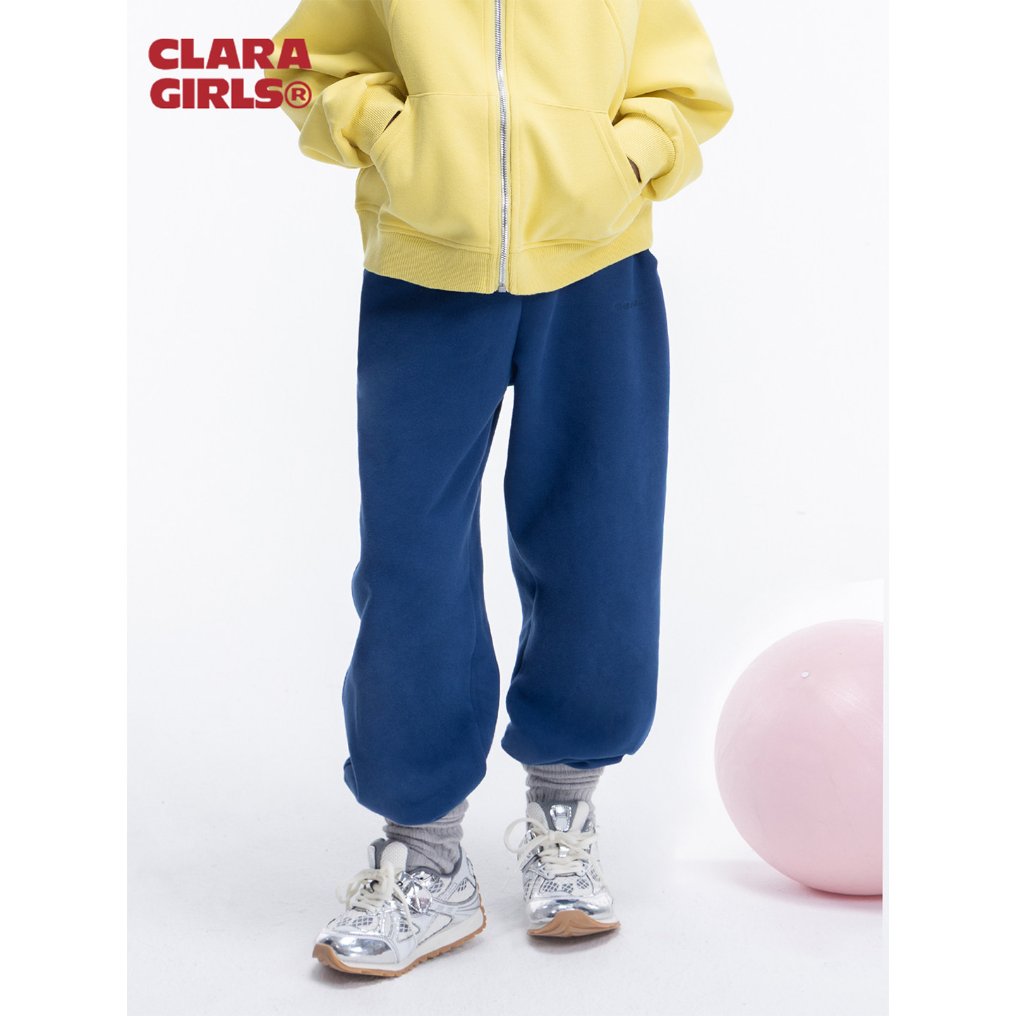 claragirls儿童新年红色运动卫裤加绒2025秋冬女童宽松直筒束脚裤