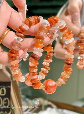 天然红胶花碎石手串搭配12mm顶珠高级设计感百搭水晶手串送人礼物