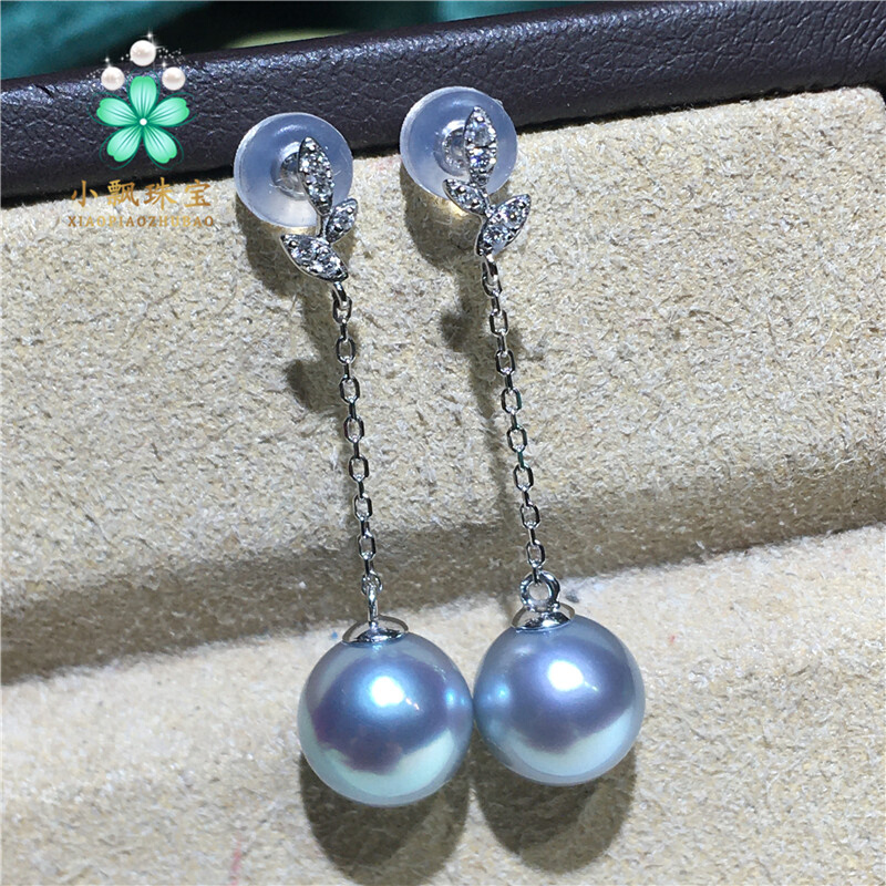 志玲婚礼同款珍珠耳线18金钻石日本真多麻珍珠耳线 银灰透蓝 耳钉