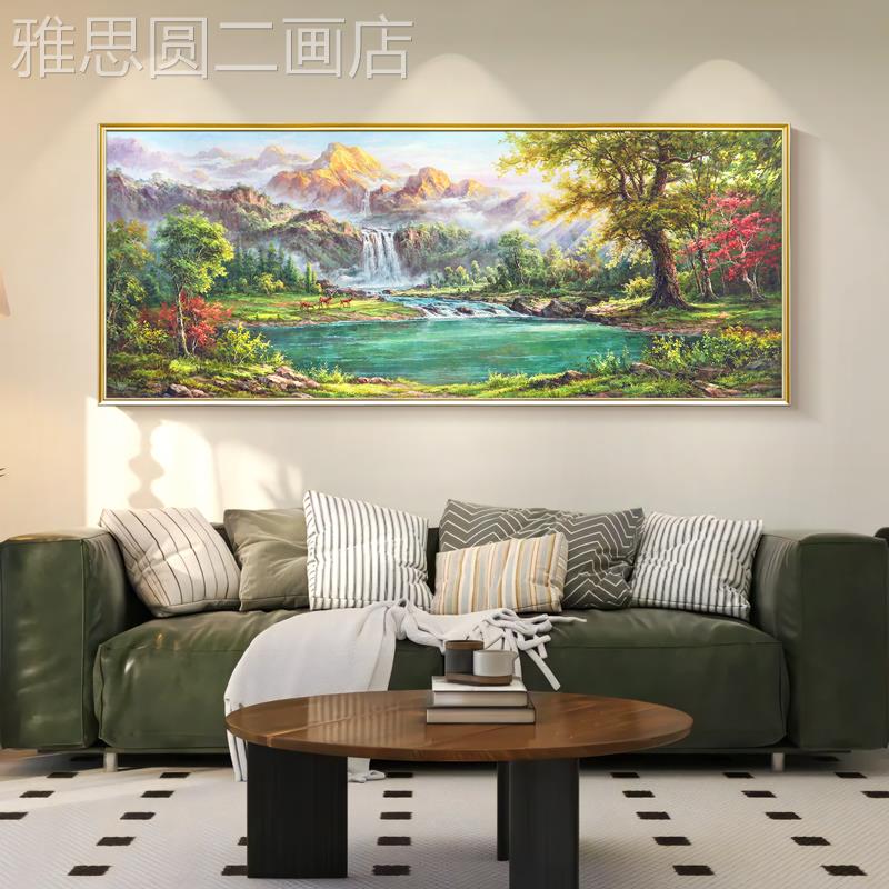 网红水风景手绘画聚宝山盆鹿客厅沙发油背景墙室装饰画挂办公大气图片