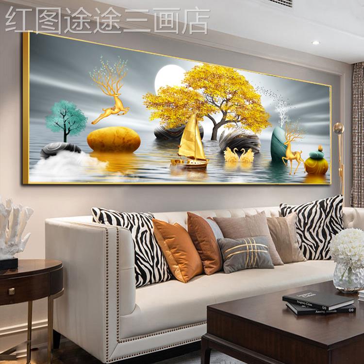 网红现代轻奢客厅装饰沙画发背景墙画横幅卧画室挂床头晶瓷画麋鹿图片