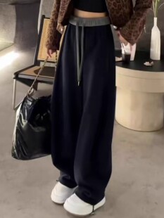 加绒加厚黑色运动休闲裤女秋冬大码胖mm宽松显瘦直筒垂感阔腿卫裤