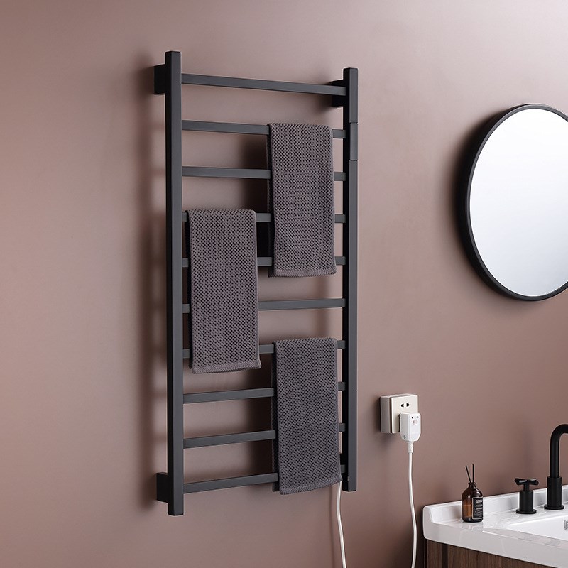 智能数显电热毛巾架卫生间壁挂式黑色浴巾置物架杀菌烘干架
