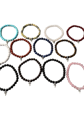 WANGWANG单银饰十字花十字架6MM黑玛瑙绿松石925纯银串珠情侣手链