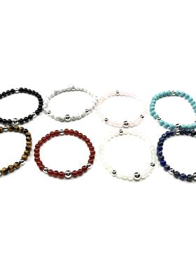 WANGWANG 四银饰6MM黑玛瑙绿松石925纯银情侣潮流时尚银手链手串