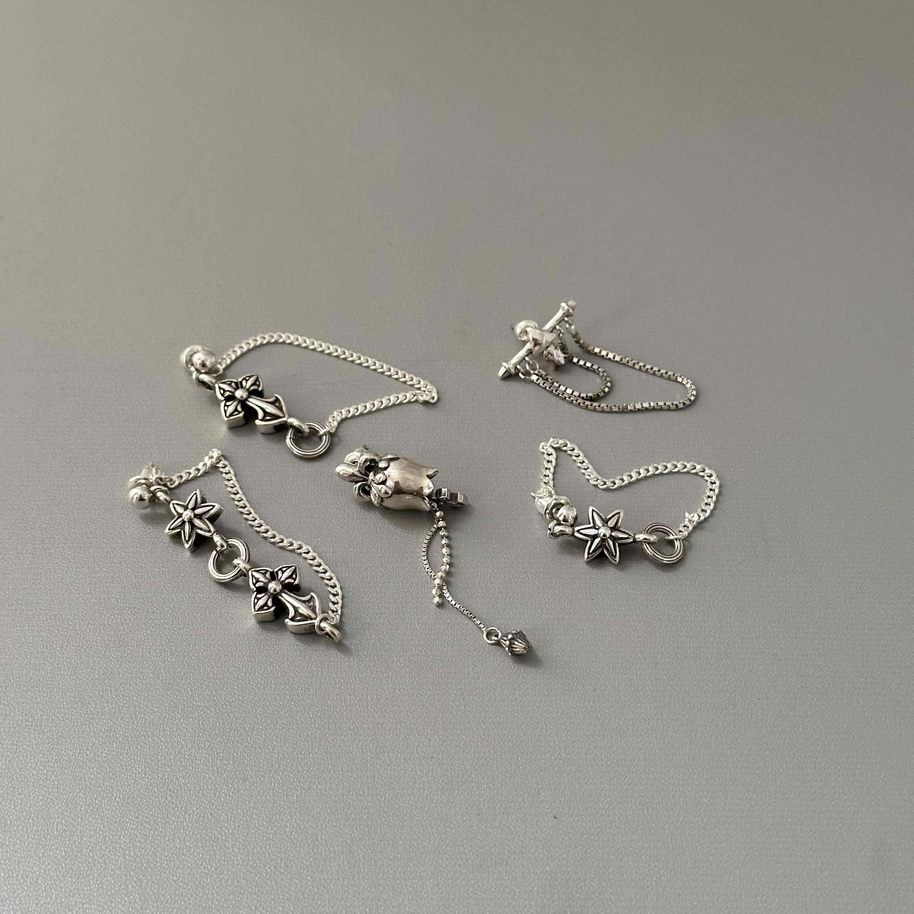 WANGWANG925纯银十字架六芒星铃铛流苏朋克情侣潮流复古耳钉耳坠