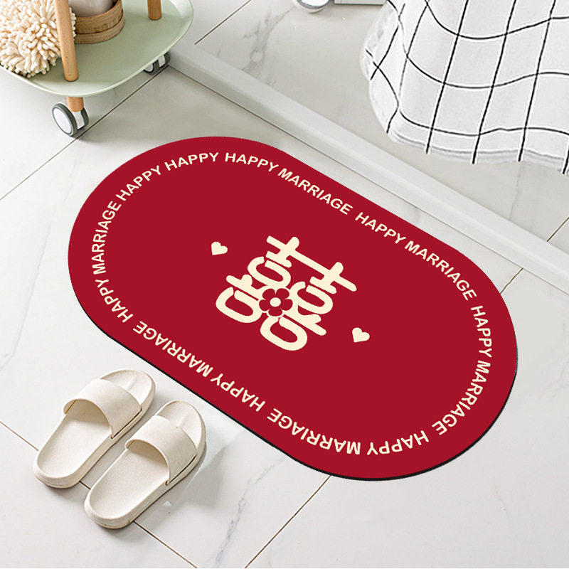 新款 椭圆形红色硅藻泥地垫浴室防滑垫吸水速干易清洗脚垫结婚红