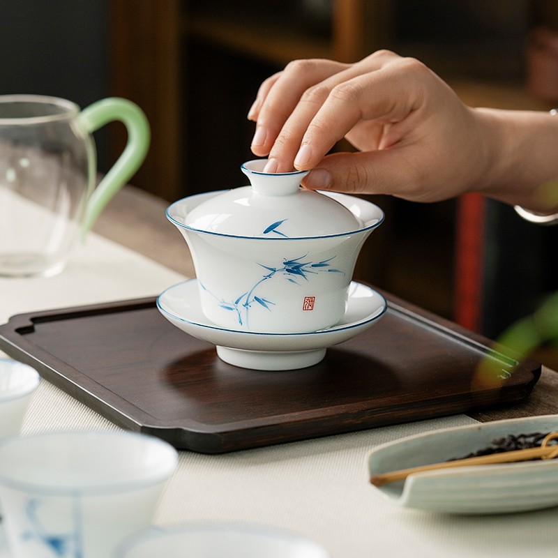 现货速发甜白瓷三才盖碗茶杯套装薄胎手绘陶瓷大号功夫泡茶碗单个
