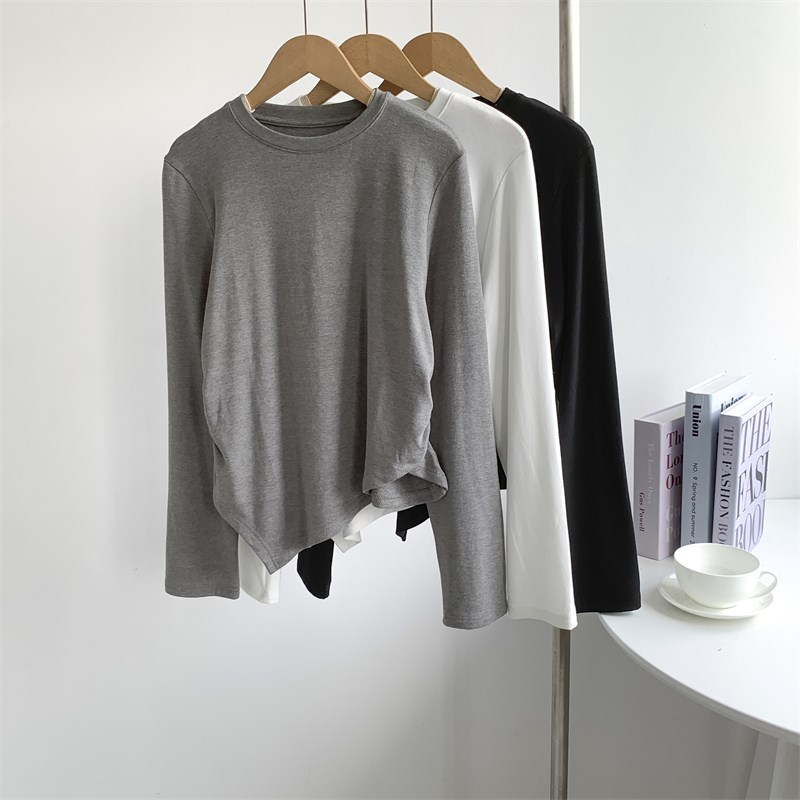 速发下摆抽褶不规则长袖纯色打服衫美式纯色基础圆练舞蹈领功底上