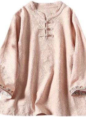 快速发货民族风复古盘扣刺绣七分袖衬衫女春夏宽松V大码提花棉麻