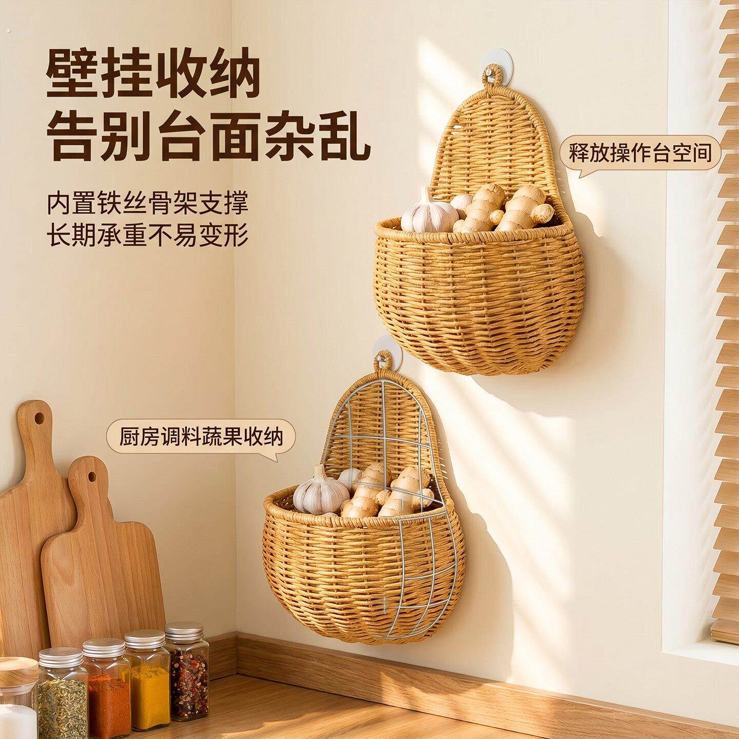 彷藤姜蒜收纳篮梨形厨房壁挂放生姜大蒜小篮子手工编织杂物置物筐