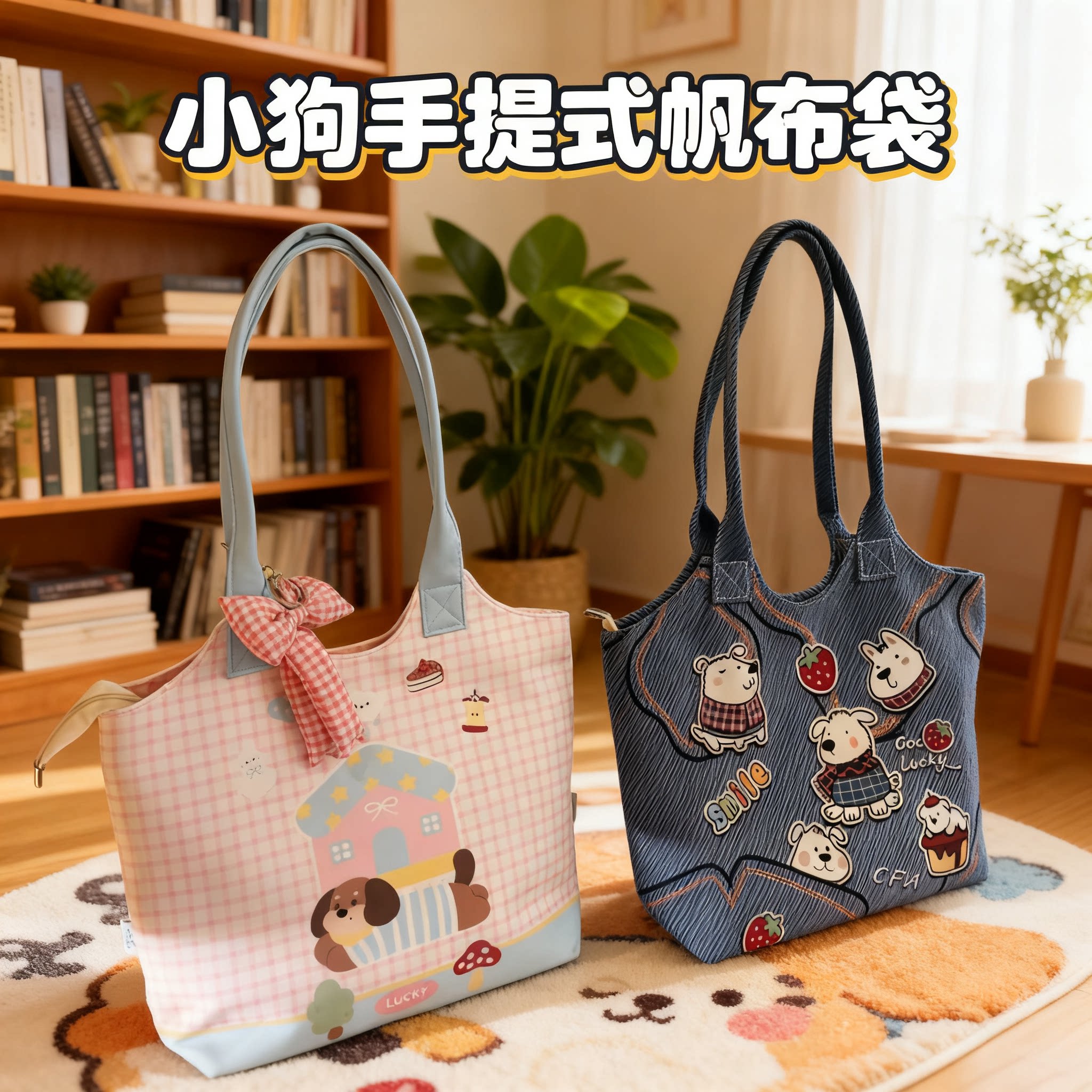 立体插画小狗帆布袋杂物小拎包手提式单肩包简约学生上课高级感