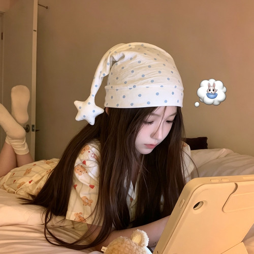 可爱睡帽女款晚上睡觉戴的帽子防头风尖尖帽防乱发空调房三角帽