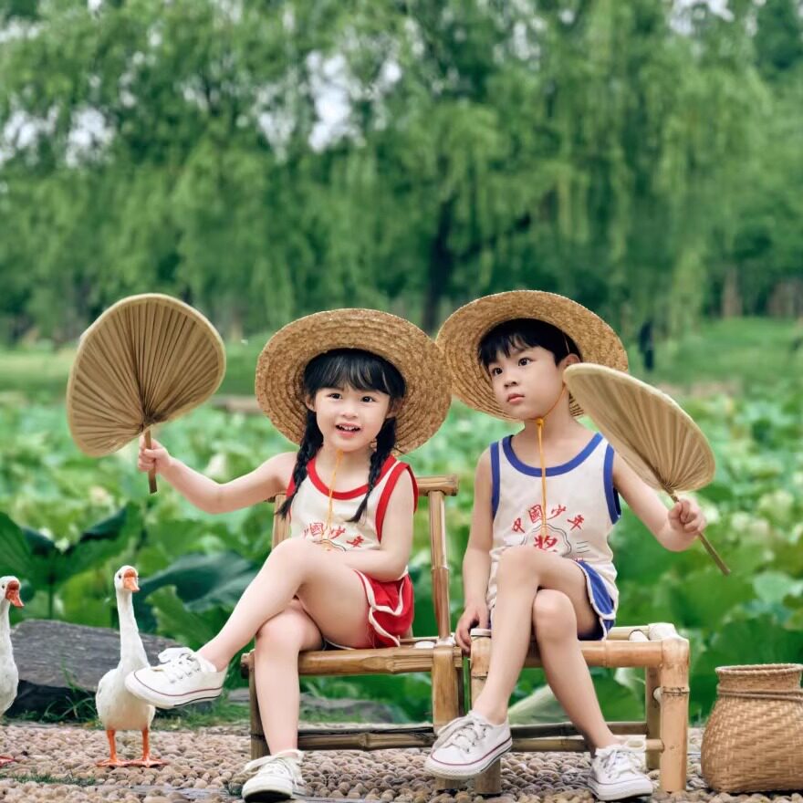 拍照复古怀旧风纯棉儿童背心套装中国少年摄影时光男女童运动套装