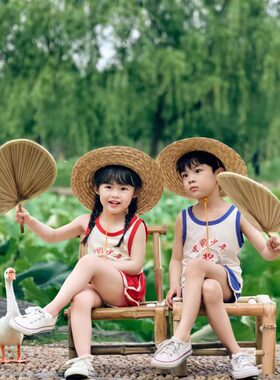 拍照复古怀旧风纯棉儿童背心套装中国少年摄影时光男女童运动套装