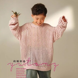 韩版儿童毛衣女宝宝粉色摄影服装拍照针织衫镂空套头洞洞衫小清新