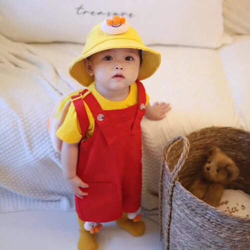 牛仔背带短裤裤夏薄款男女儿童红色摄影服装艺术日系幼儿弹力可爱