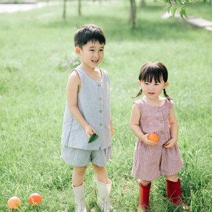 洋气儿童背心套装男女童夏无袖摄影服装宽松个性夏天休闲两件套潮