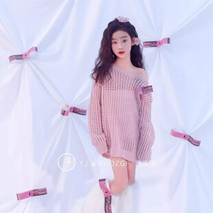 韩版儿童毛衣女宝宝粉色摄影服装拍照针织衫镂空套头洞洞衫小清新