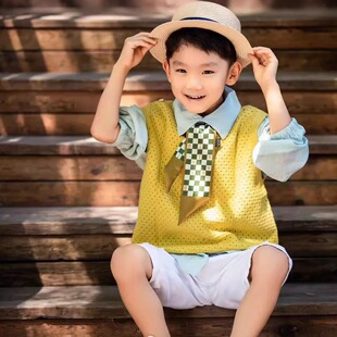 男女童小清新背心黄色摄影拍照儿童打底衫气质毛衣马甲洞洞衫上衣