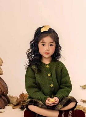 男女童儿童摄影服装墨绿色艺术气质针织毛衣开衫外套设计感上衣潮