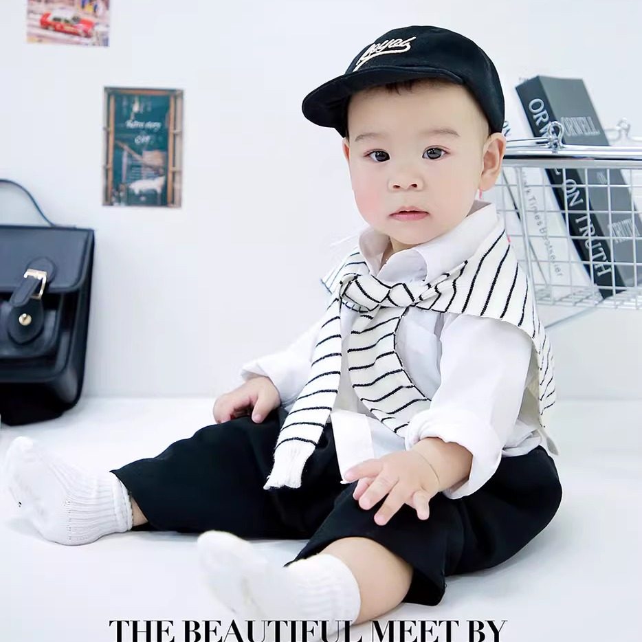 韩版儿童男女童宝宝宽松摄影白色衬衫休闲长裤套装韩版长袖衣服