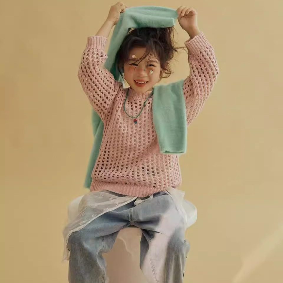 童装儿童毛衣女宝宝粉色摄影服装拍照针织衫镂空套头洞洞衫小清新