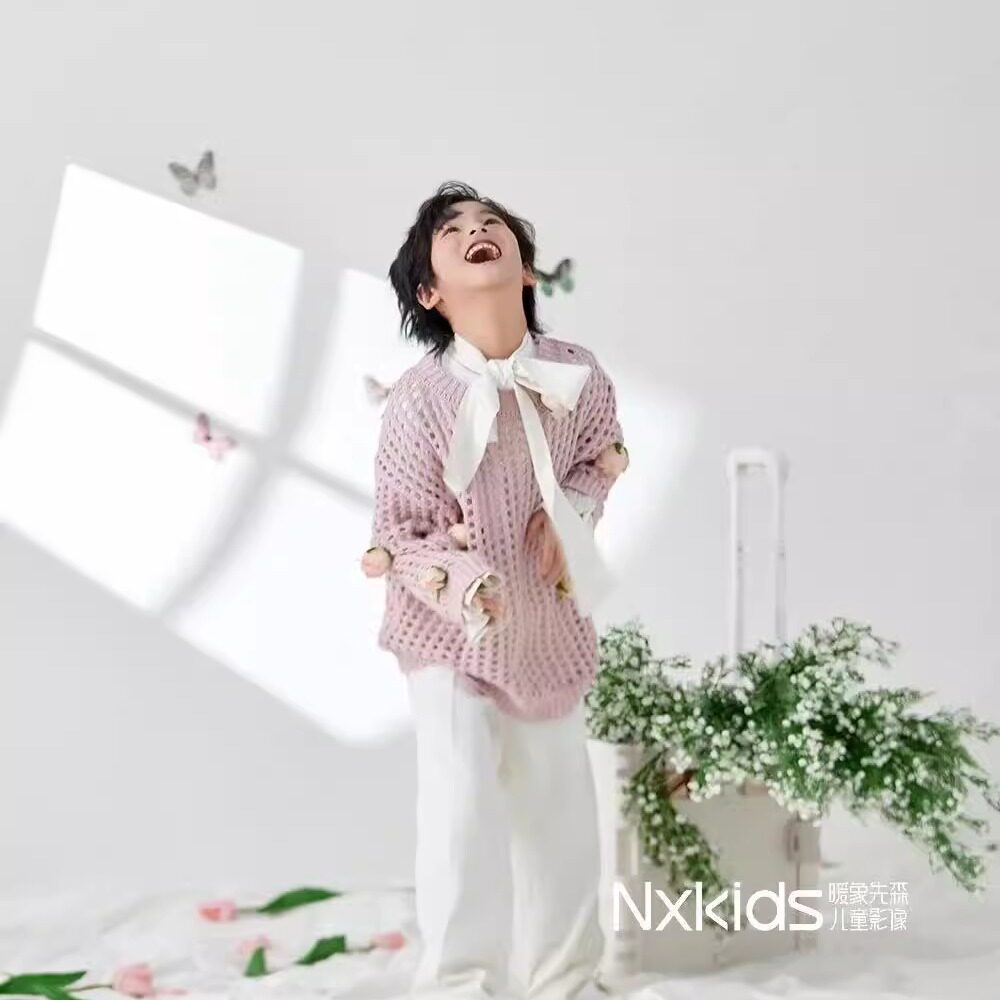 童装儿童毛衣女宝宝粉色摄影服装拍照针织衫镂空套头洞洞衫小清新