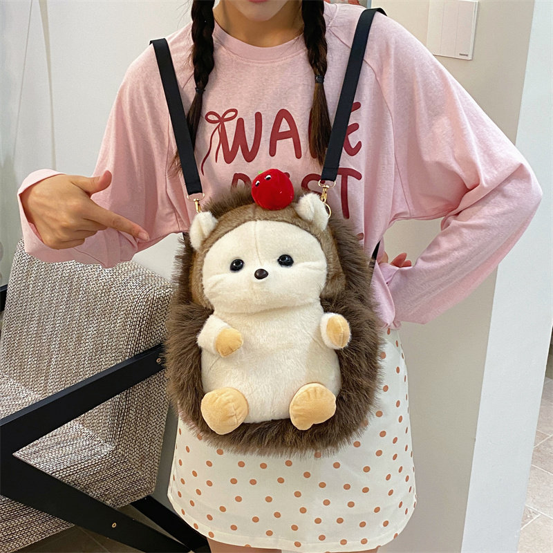 韩版可爱小刺猬毛绒双肩包包女2026新款超火网红软萌妹子小背包