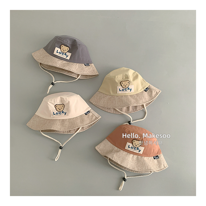 儿童渔夫帽春夏可爱小熊拼色大沿薄款男女宝宝透气薄款防晒盆帽潮