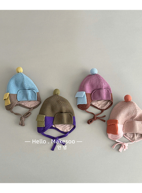 宝宝帽子ins韩版口袋毛球拼色针织帽男女童复古小兜兜洋气护耳帽