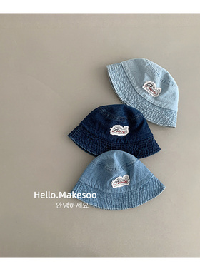 儿童牛仔渔夫帽春秋夏季字母贴标防晒水桶盆帽男女童宝宝遮阳帽子