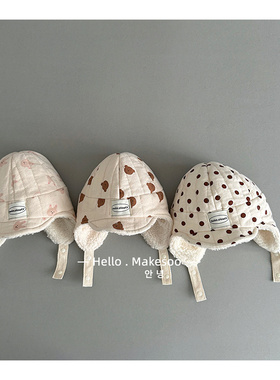 makesoo婴儿帽子秋冬保暖护耳雷锋帽男女宝宝可爱波点爱心套头帽
