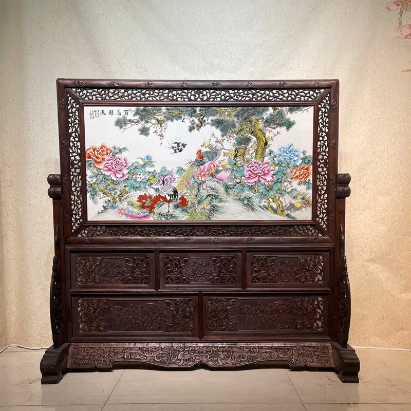 刘雨笒作品红木镶瓷板画粉彩花鸟百鸟N朝凤插屏 古玩旧藏