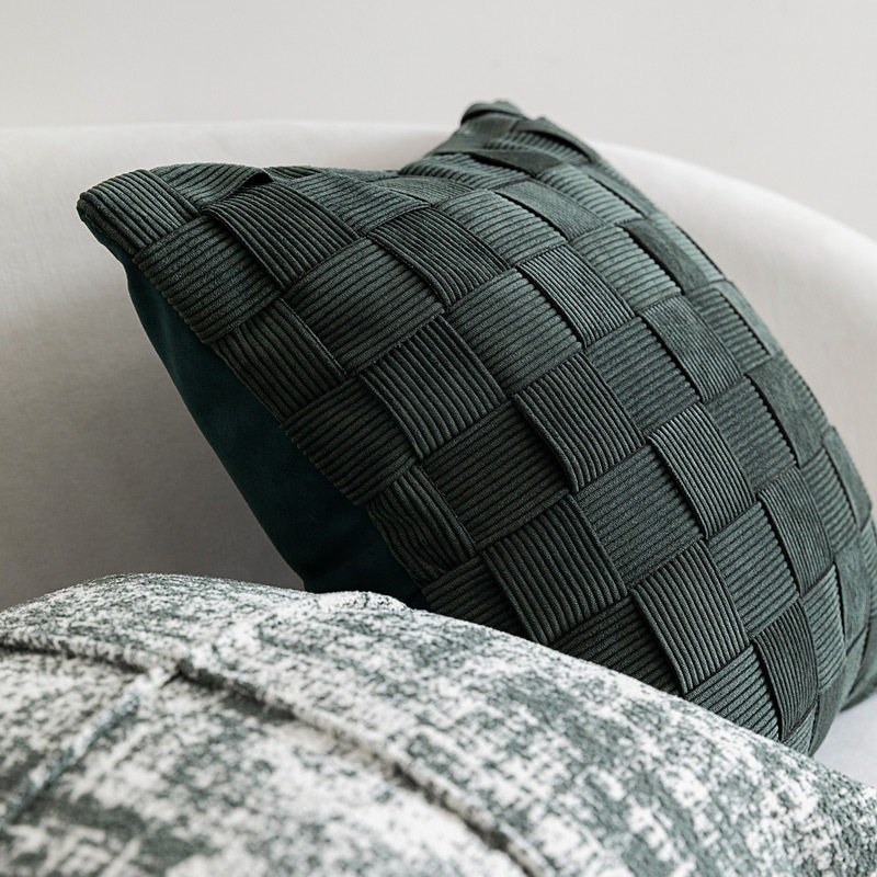 墨绿色棋盘格编织抱枕 现代轻奢客厅沙H发靠垫套样板间北欧ins软