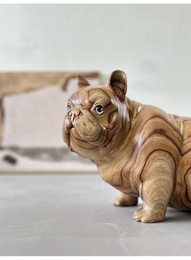 一凡物侘寂风法国斗牛犬茶室民宿摆件狗凳落地木雕矮凳高端