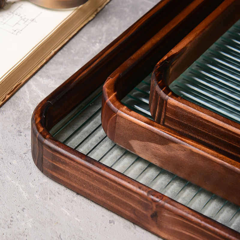 玻璃托盘海棠压花胡桃色长方形茶盘收纳摆件茶水杯子水果点心盘,餐饮具,盘,淘宝优惠券,粉丝福利购,淘宝优惠卷