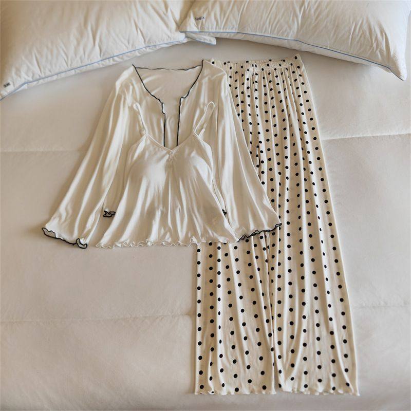 2025春季新款莫代尔棉睡衣女带胸垫吊带长袖三件套甜美风家居服,女装/女士精品,时尚套装,淘宝优惠券,粉丝福利购,淘宝优惠卷