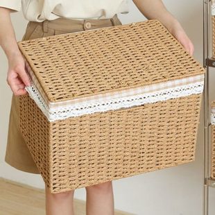 带盖收纳箱仿藤编织衣物收纳筐客厅杂物储物箱收纳盒 新疆西藏日式