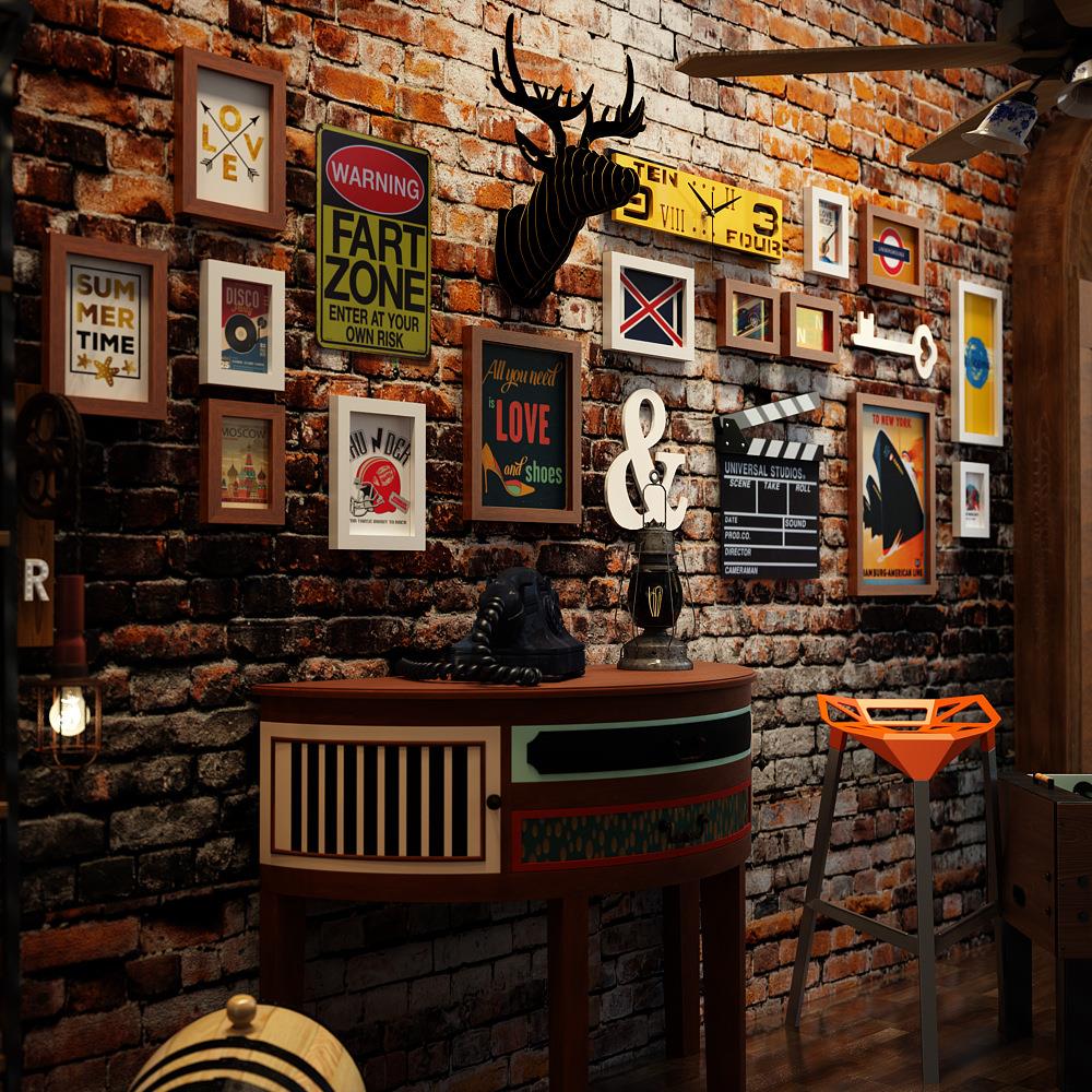 高分子_2384工业风照片墙鹿头钟表组合相框复古装饰画可换相片