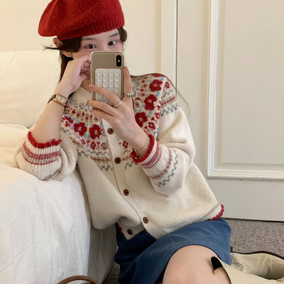 费尔岛风提花针织开衫女秋冬新款