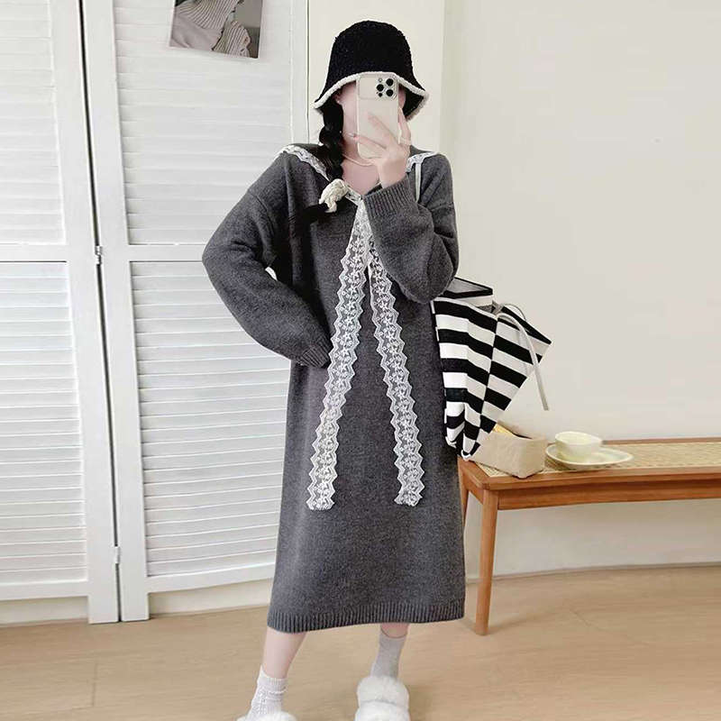 韩系学院风蕾丝拼接翻领针织衫连衣裙女秋冬季新款宽松显瘦中长裙