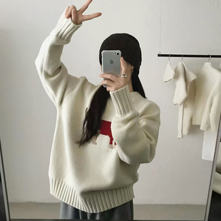 韩系复古卡通刺绣毛衣女2025秋冬新款加厚慵懒风外穿针织衫上衣