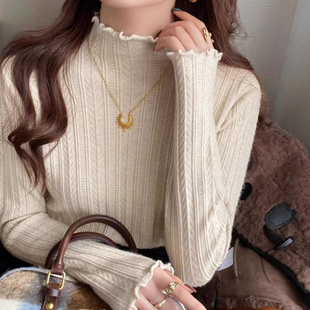 显瘦细条纹保暖毛衣上衣 修身 2025秋冬新款 麦穗木耳边打底针织女衫