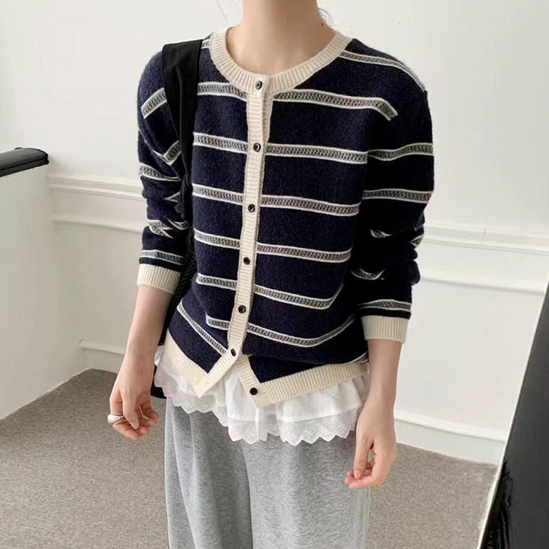 韩版复古双色条纹针织衫开衫女