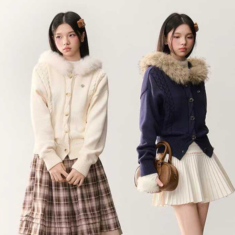 日系学院风毛毛领麻花针织开衫女