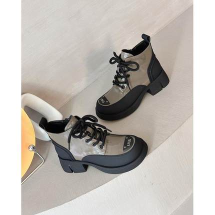 真皮鞋子女2023年秋冬季新款厚底粗跟漆皮复古马丁靴时尚小短靴子