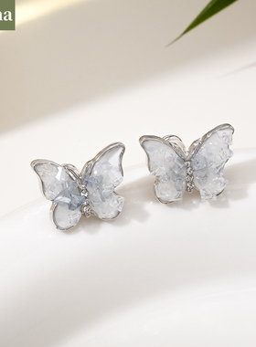 NININA白色水晶清新蝴蝶小巧耳钉百搭精致女轻奢甜美耳环耳夹耳饰